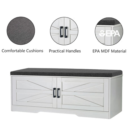 White Storage Bench with Shoe Seat - 2 Tier Entryway Bench