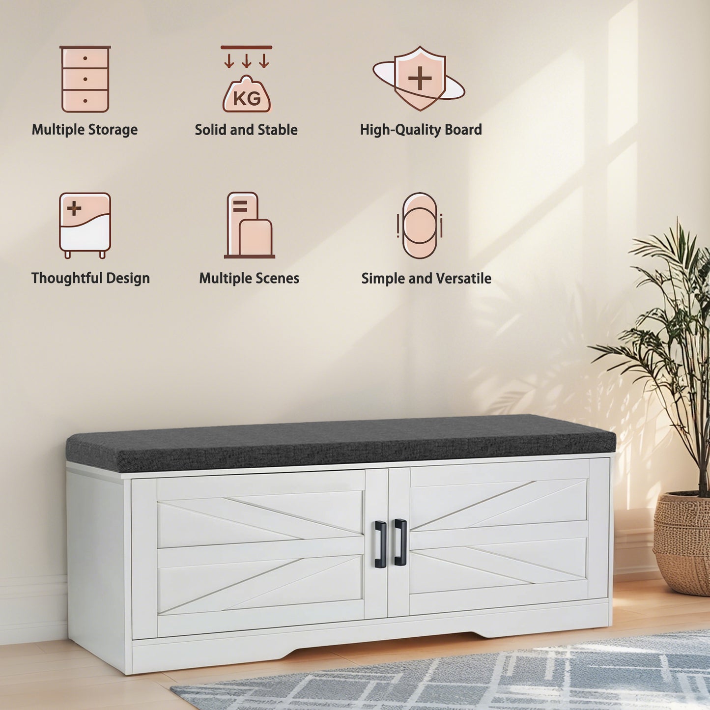 White Storage Bench with Shoe Seat - 2 Tier Entryway Bench