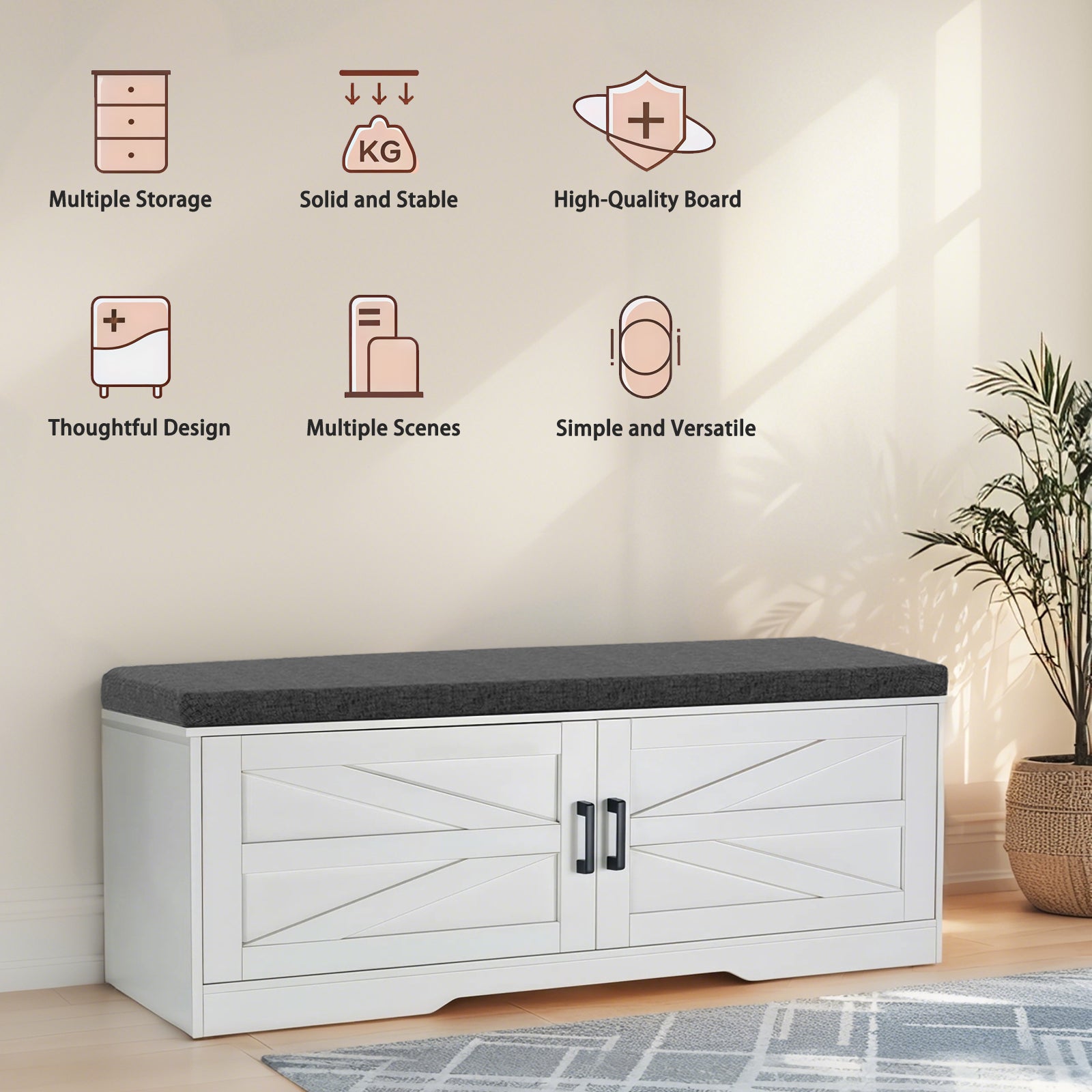 White Storage Bench with Shoe Seat - 2 Tier Entryway Bench