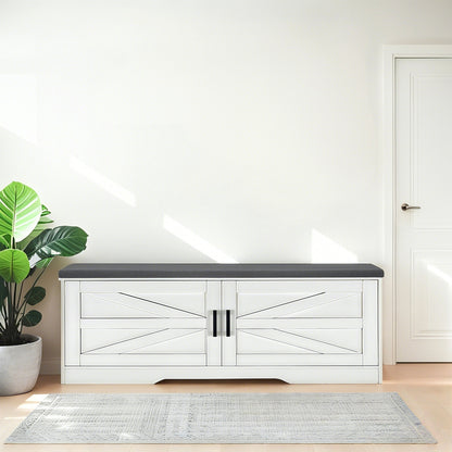 White Storage Bench with Shoe Seat - 2 Tier Entryway Bench