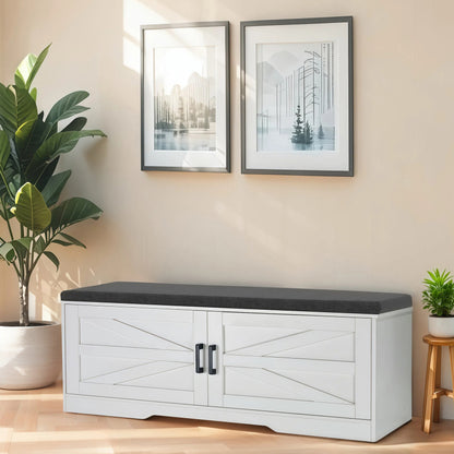White Storage Bench with Shoe Seat - 2 Tier Entryway Bench