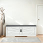 2-Tier Storage Bench, Farmhouse Shoe Bench with Padded Seat Cushion, Entryway Bench with 2 Barn Doors & 2 Adjustable Shelves, 13.75" D x 39.4" W x 17.72" H, for Entryway, Bedroom, Living Room, White