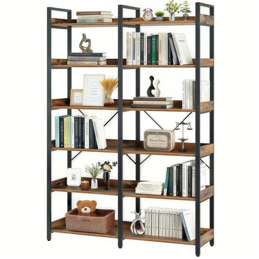 6-Tier Industrial Bookshelf, 67" Wooden Bookshelf with Open Shelves, Freestanding Metal Frame Bookcase for Storage and Display, Modern Book Shelves for Bedroom, Living Room and Home Office, Brown