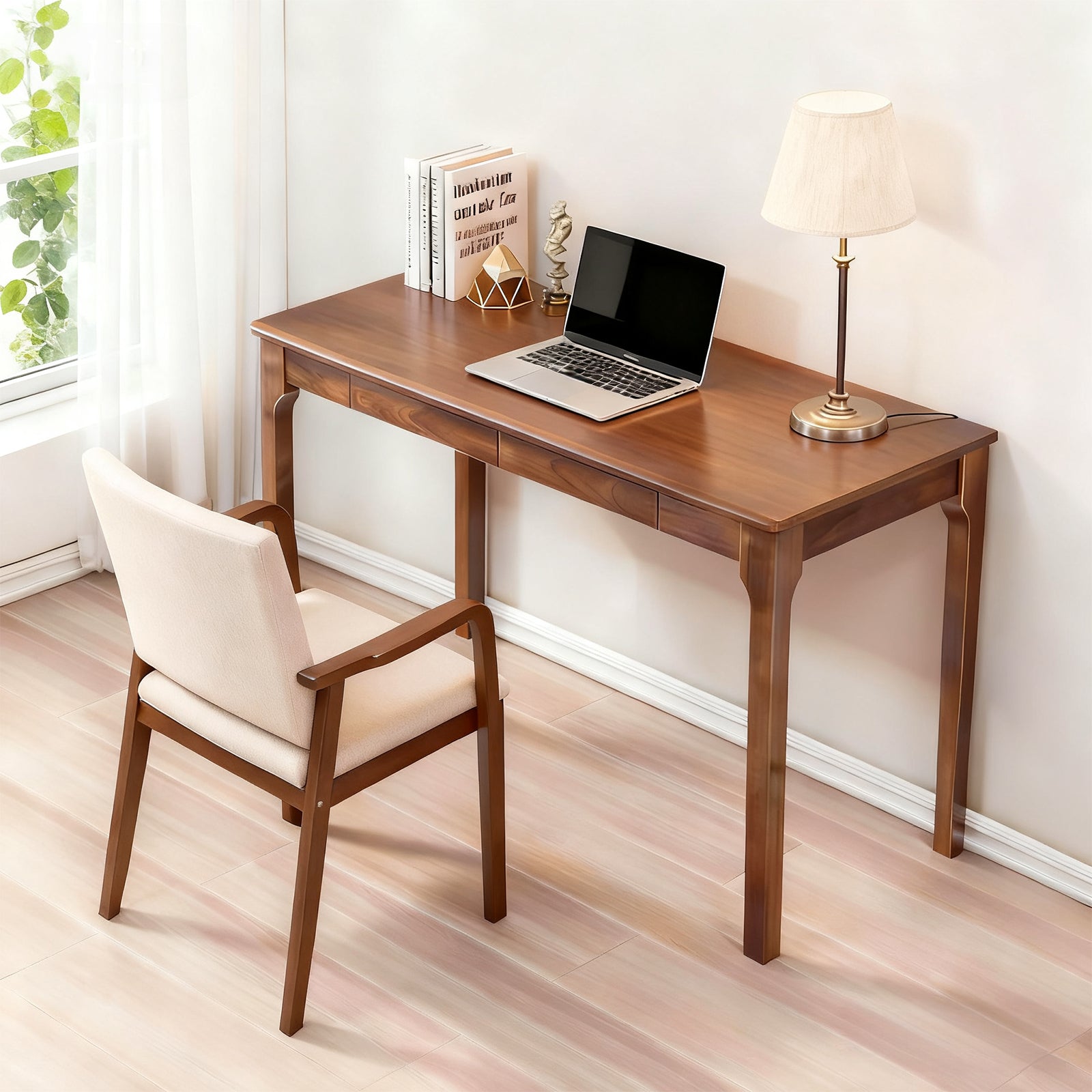 Solid Wood Desk with Drawers, Standing Desk with Smooth Edges, Home Office Desk for Small Spaces, Mid Century Modern Desk for Study, Bedroom, Living Room, Office, (Walnut, 47.24''*21.65''*29.53'')
