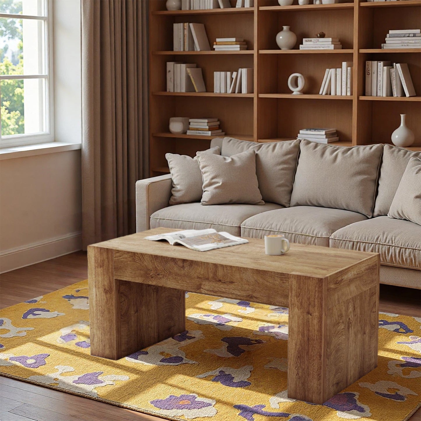 48" Rectangle Wooden Coffee Table with Drawers for Living Room