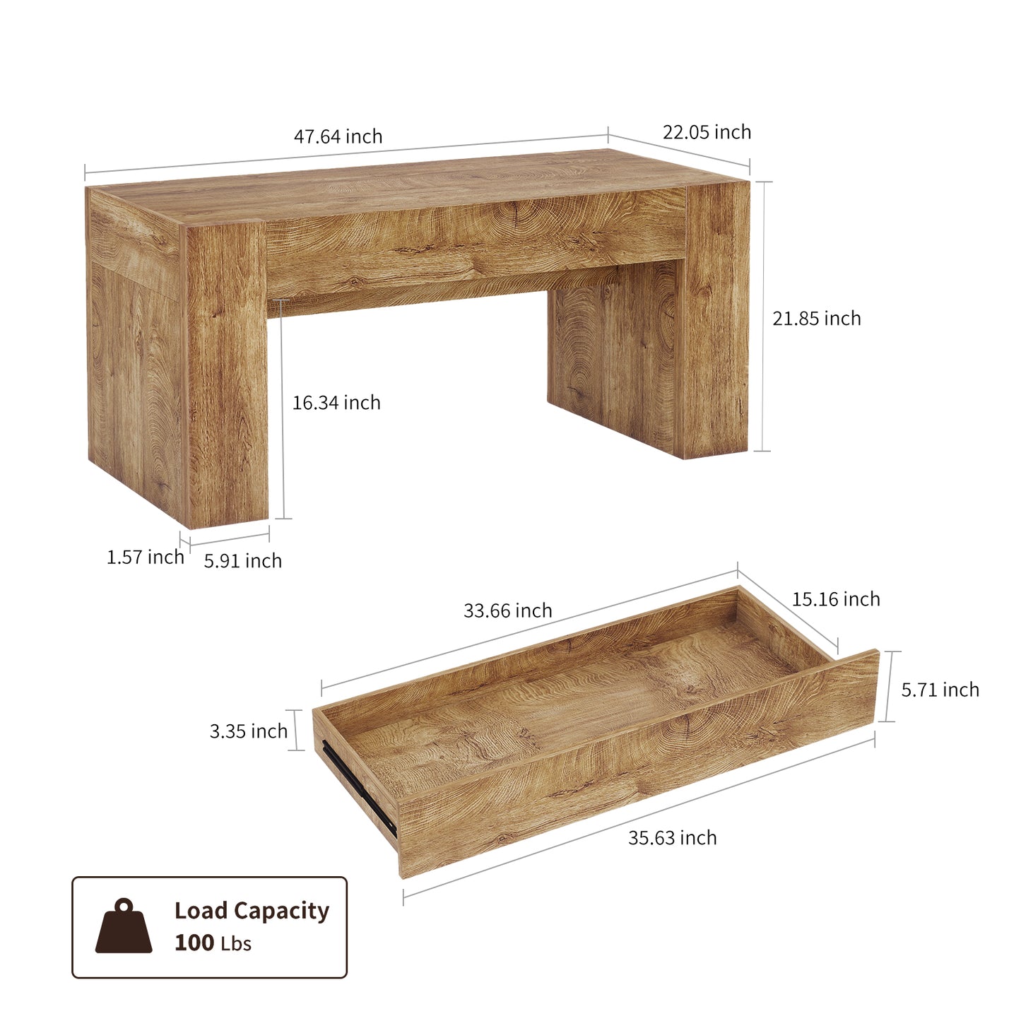 48" Rectangle Wooden Coffee Table with Drawers for Living Room
