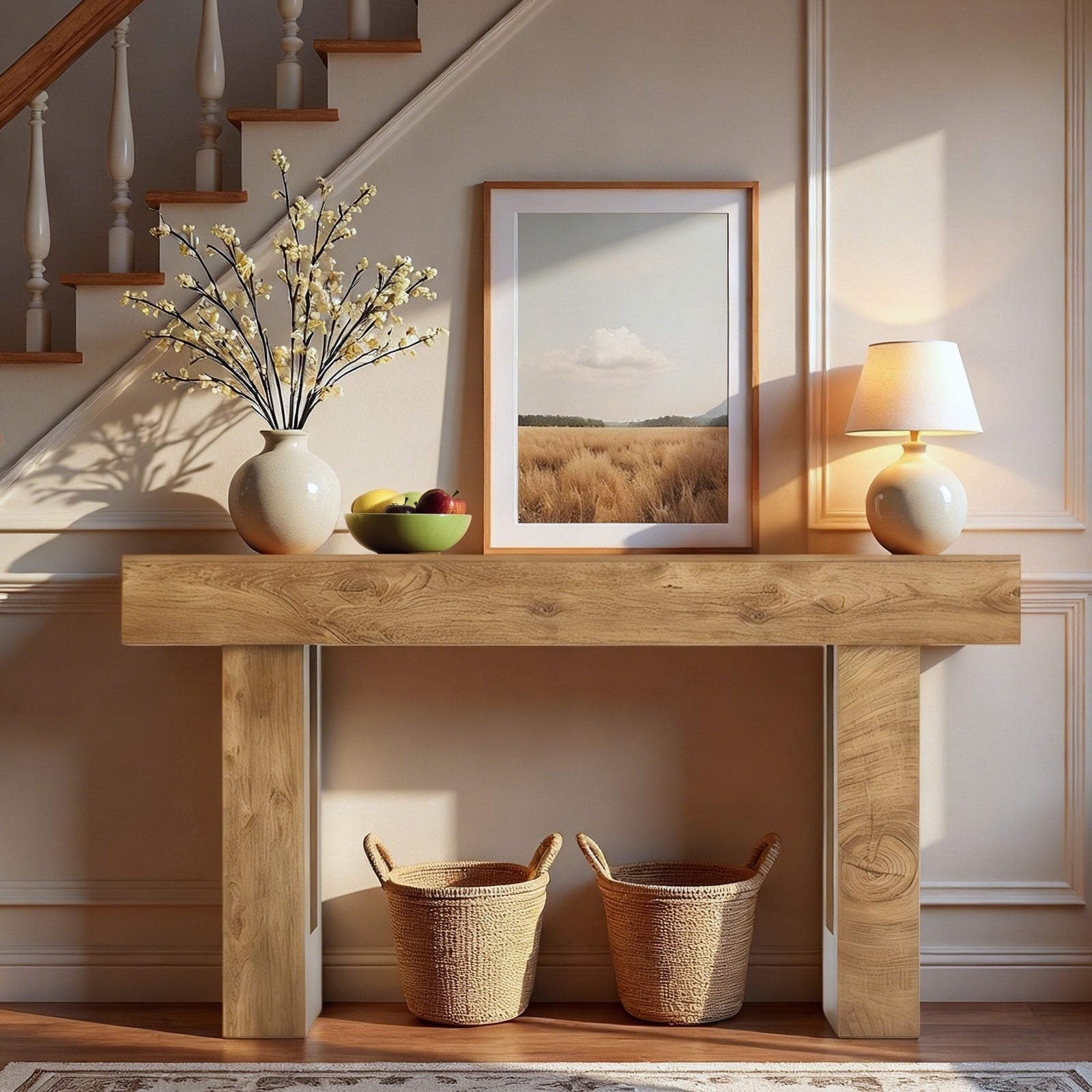 63'' Long Console Table, Farmhouse Entryway Table with Storage, Native Wood Grain Tree Scars, Wooden Rectangular Sofa Table Behind Couch for Entrance, Hallway, Living Room, Foyer (Natural Wood)