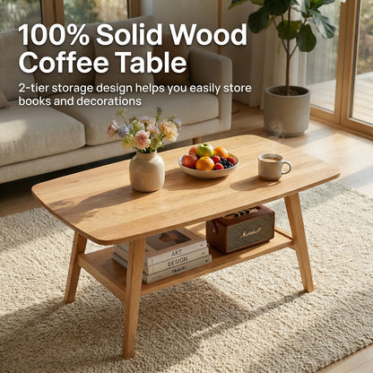Solid Oak Coffee Table with Storage Shelf - Natural Wood for Living Room