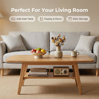 Solid Oak Coffee Table with Storage Shelf - Natural Wood for Living Room