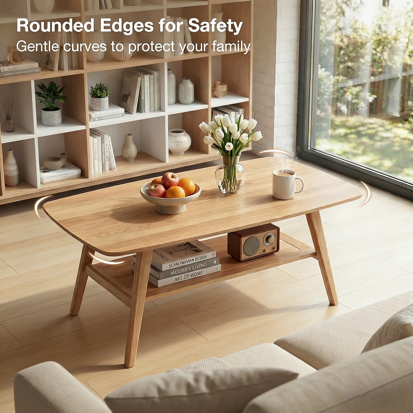 Solid Oak Coffee Table with Storage Shelf - Natural Wood for Living Room