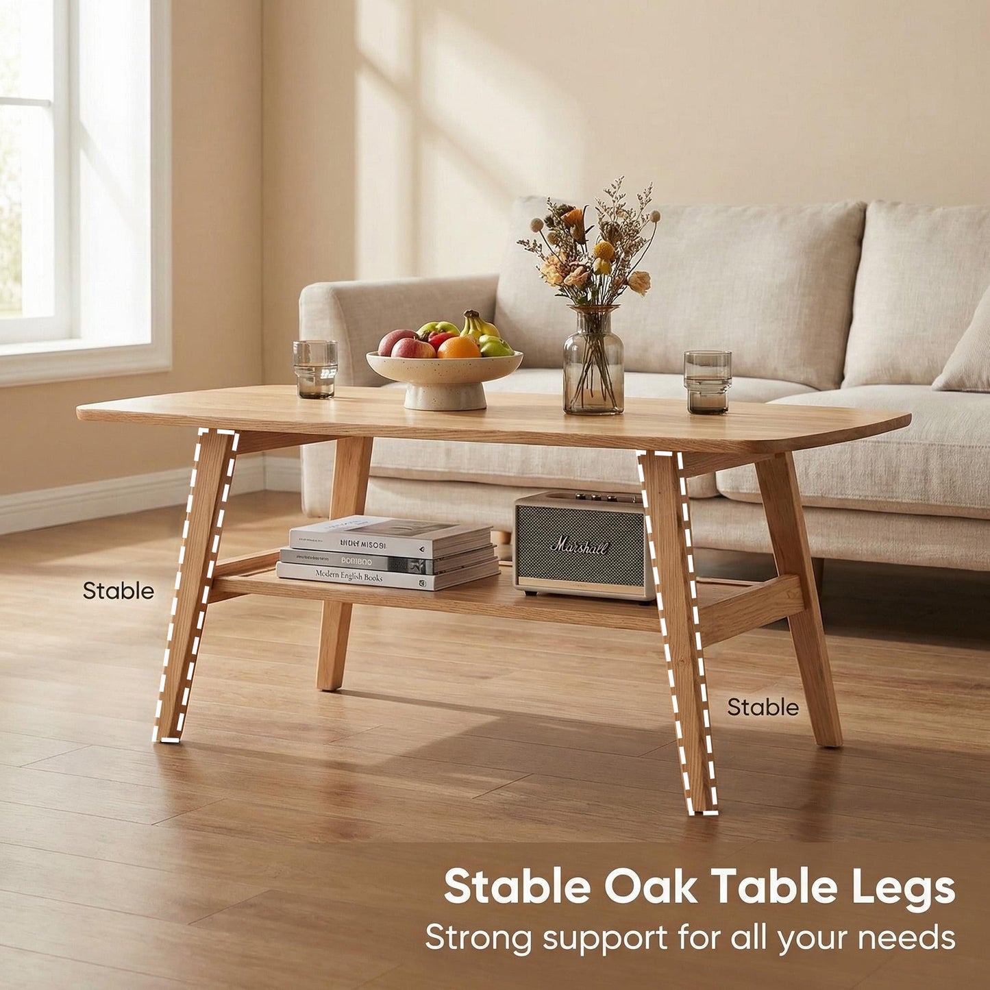 Solid Oak Coffee Table with Storage Shelf - Natural Wood for Living Room