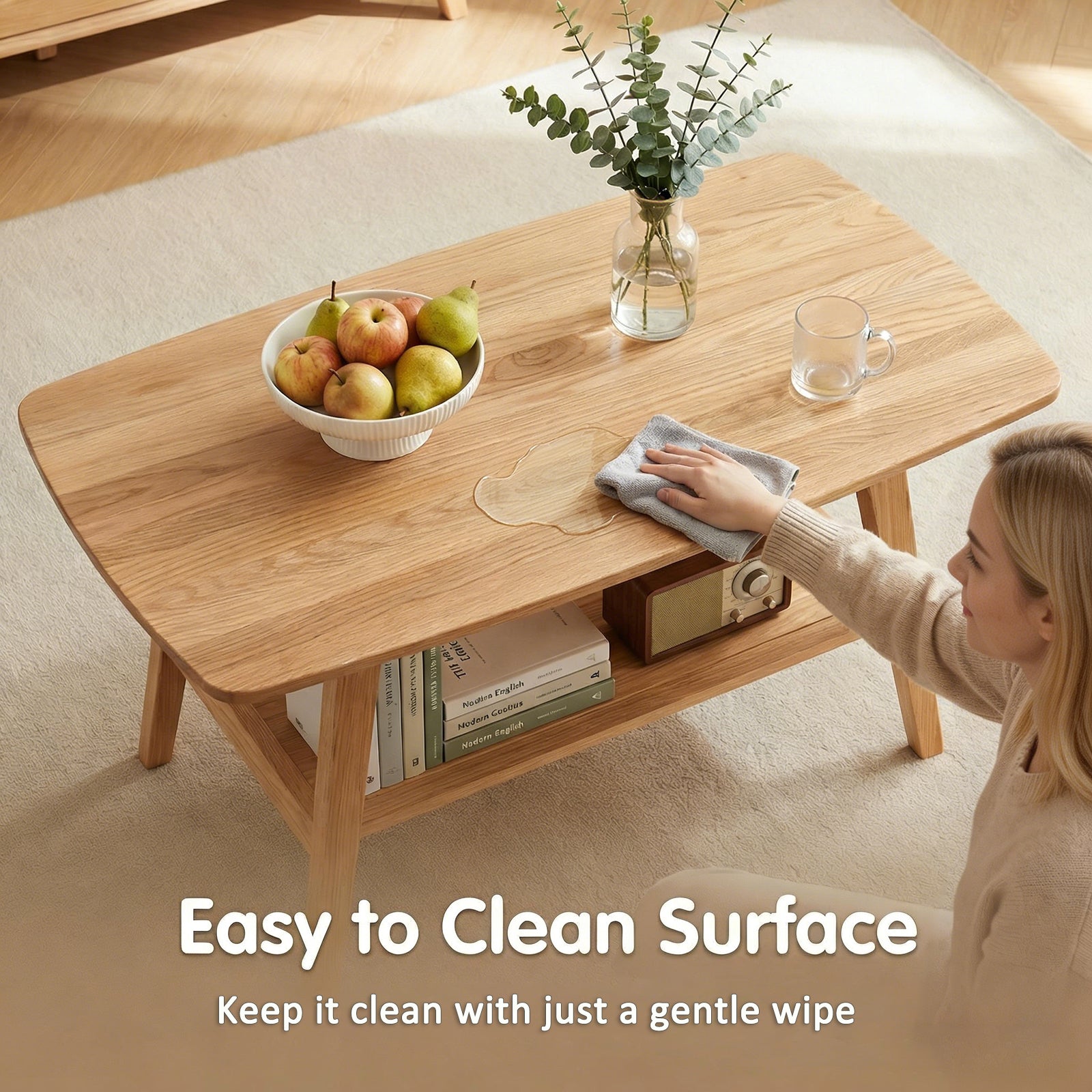 Solid Oak Coffee Table with Storage Shelf - Natural Wood for Living Room