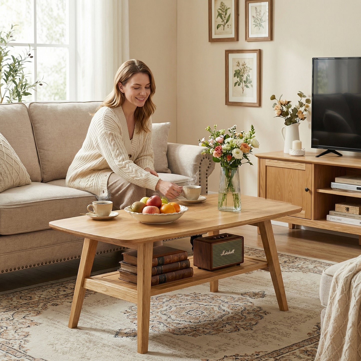 Solid Oak Coffee Table with Storage Shelf - Natural Wood for Living Room