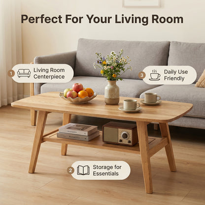 Solid Oak Coffee Table with Storage Shelf - Natural Wood for Living Room