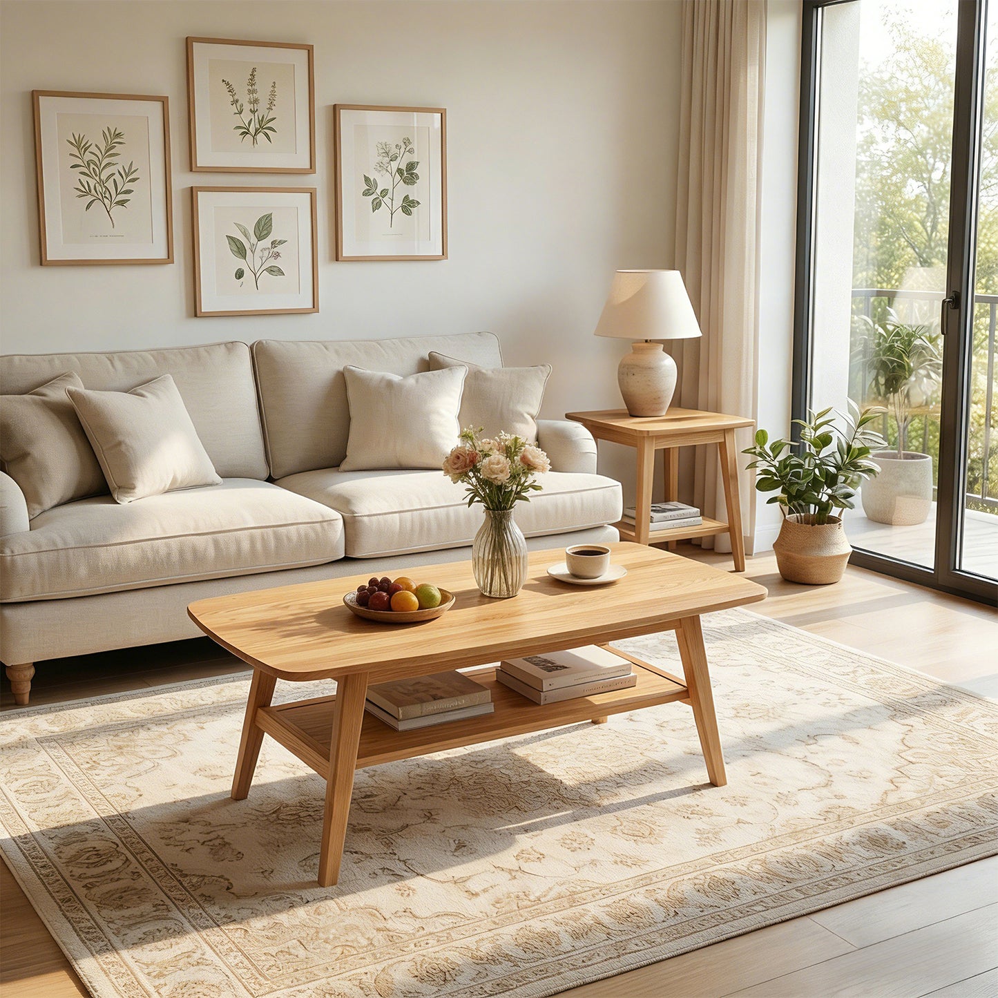 Mid Century Modern Coffee Table, 100% Solid Oak Wood Coffee Table with Storage Shelf, 2-Tier Coffee Table with Rounded Corners for Living Room, Office, Apartment(Natural Oak Wood Color, 39.37" L)