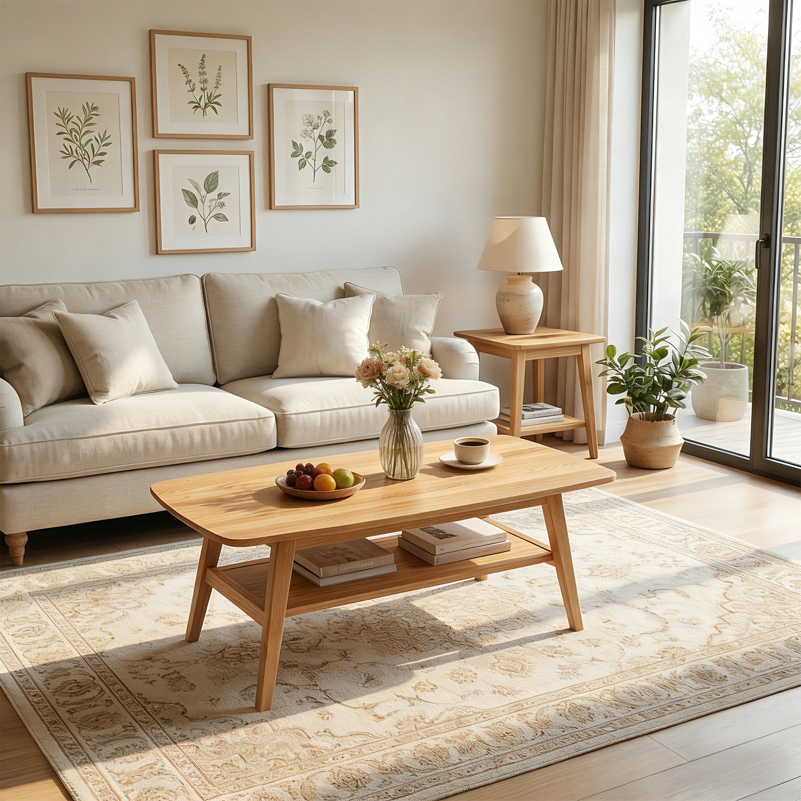 Mid Century Modern Coffee Table, 100% Solid Oak Wood Coffee Table with Storage Shelf, 2-Tier Coffee Table with Rounded Corners for Living Room, Office, Apartment(Natural Oak Wood Color, 39.37" L)