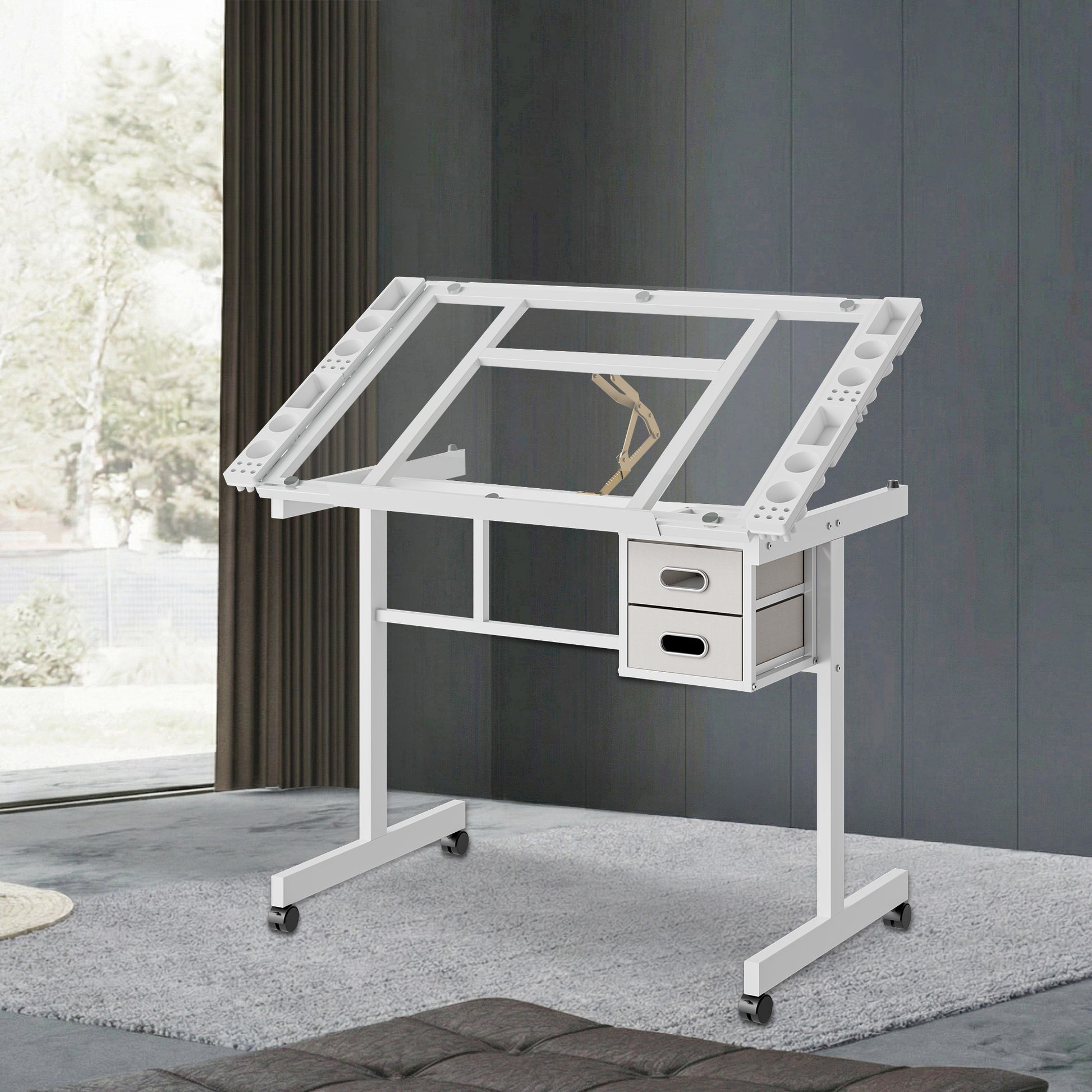 Adjustable Art Drawing Desk - Glass & Metal White