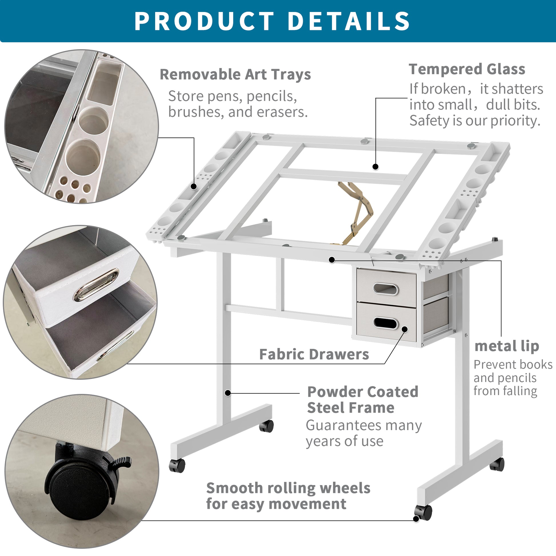 Adjustable Art Drawing Desk - Glass & Metal White