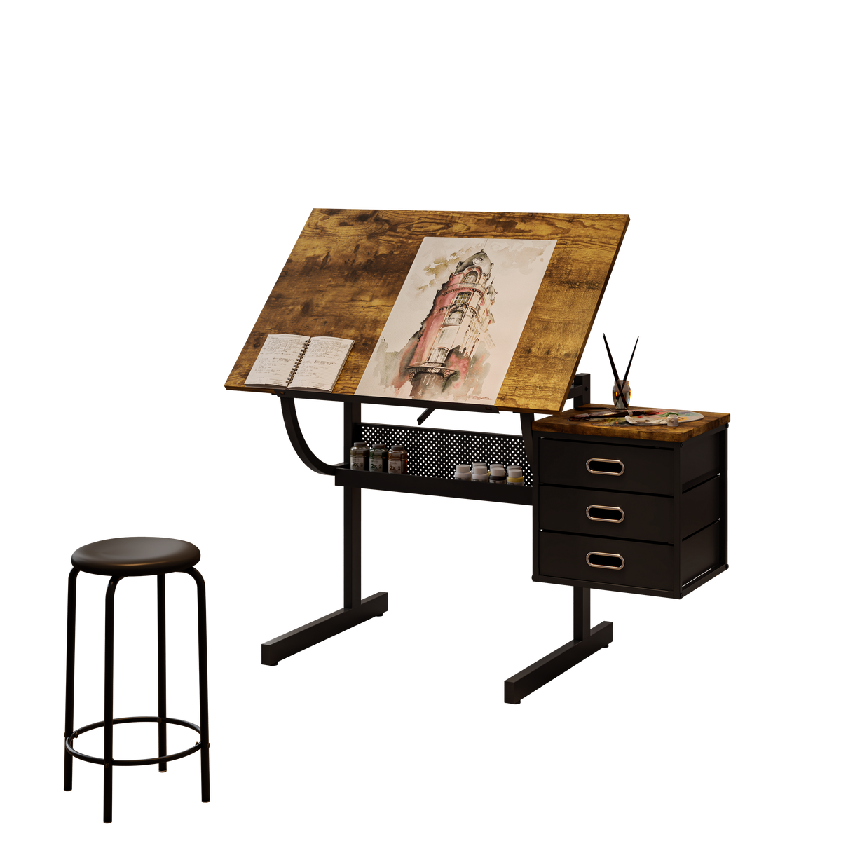 Black Drafting Table with Stool & Drawers - Adjustable Desk for Living Room