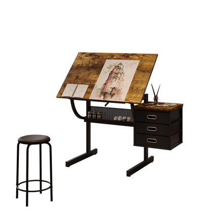 Black Drafting Table with Stool & Drawers - Adjustable Desk for Living Room