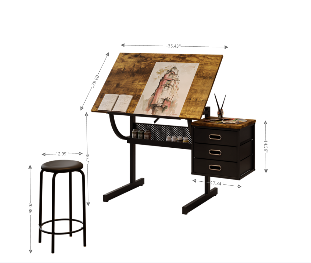 Black Drafting Table with Stool & Drawers - Adjustable Desk for Living Room