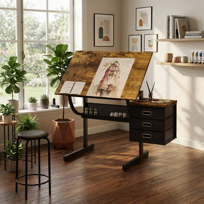Black drafting drawing table with stool and 3 drawers