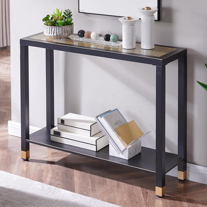 Glass Entryway Table, 2-Tier Entry Way Console Entrance Table, 41"L Narrow Sofa Table with Shelves, Ideal for Hallway, Entryway, Living Room, Foyer, Corridor, and Office (Gold & Black)