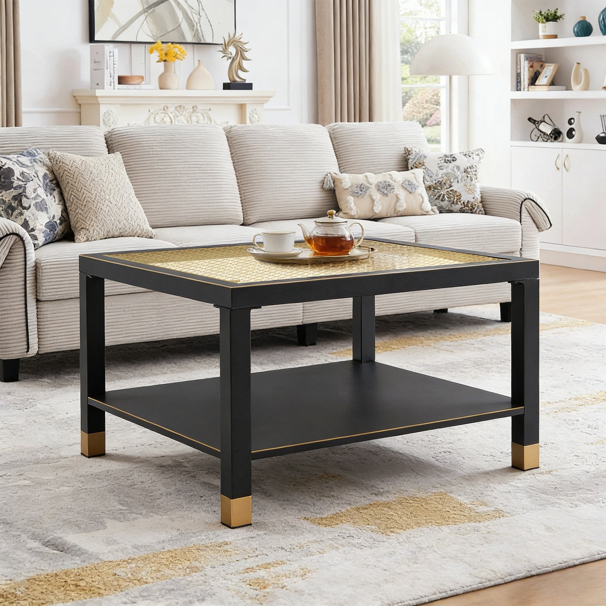 Industrial Square Coffee Table - 27.6" Matte Black Steel Frame & Gold Mesh Glass Top