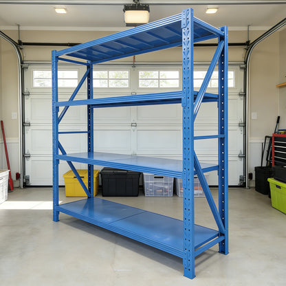Four-tier lightweight garage shelving unit, adjustable metal storage rack, suitable for warehouses and homes, blue steel storage rack