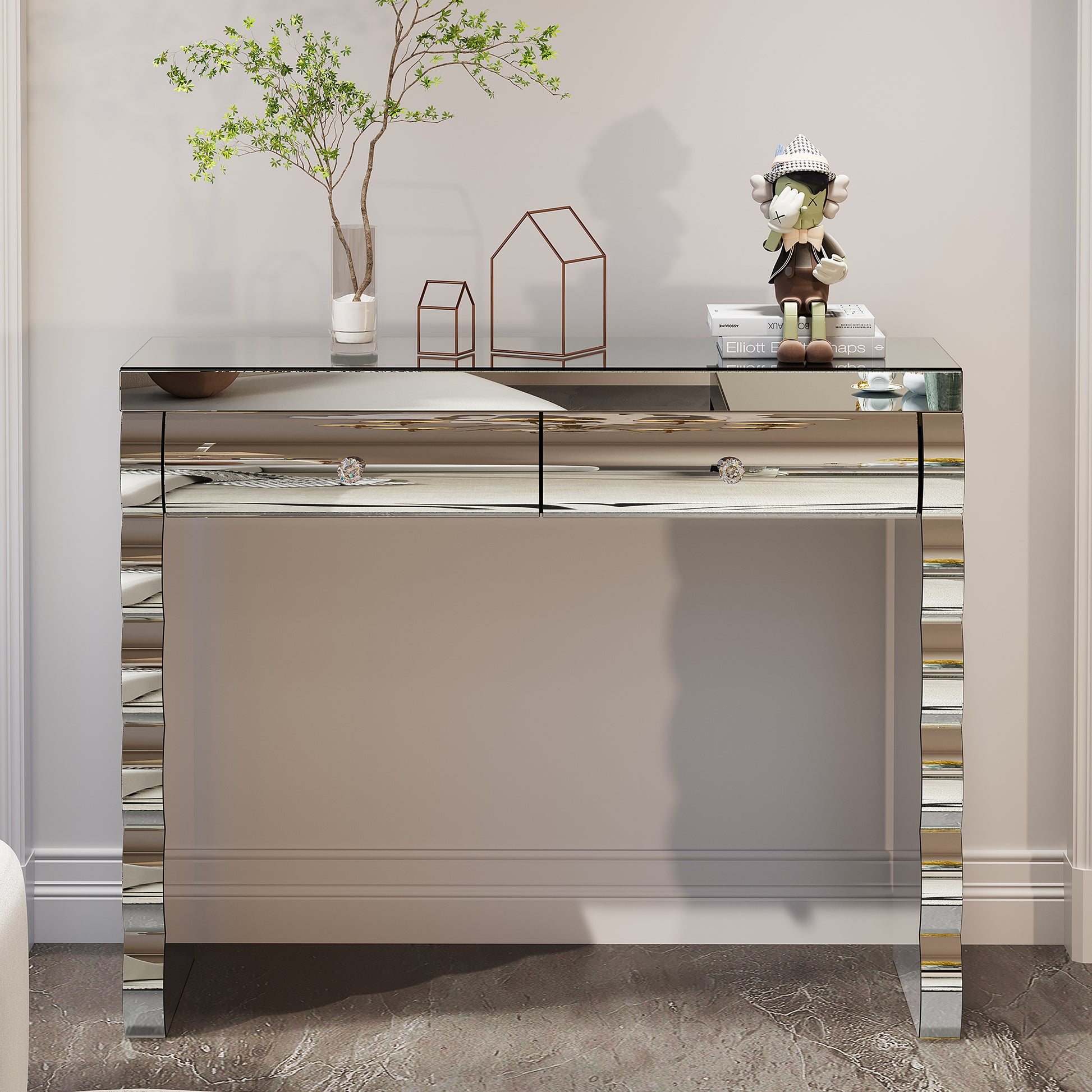 Mirror console table, silver dressing table for Baked curved mirror with 2 drawers, mirror-decorated side table suitable for hall and living room, dressing table mirror dressing