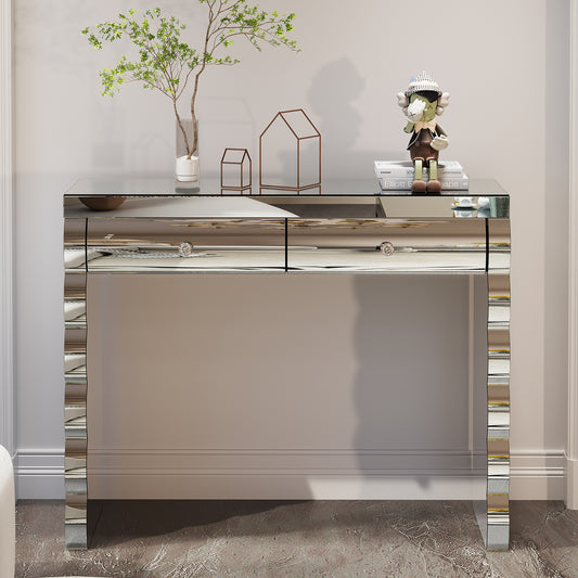 Mirror console table, silver dressing table for Baked curved mirror with 2 drawers, mirror-decorated side table suitable for hall and living room, dressing table mirror dressing