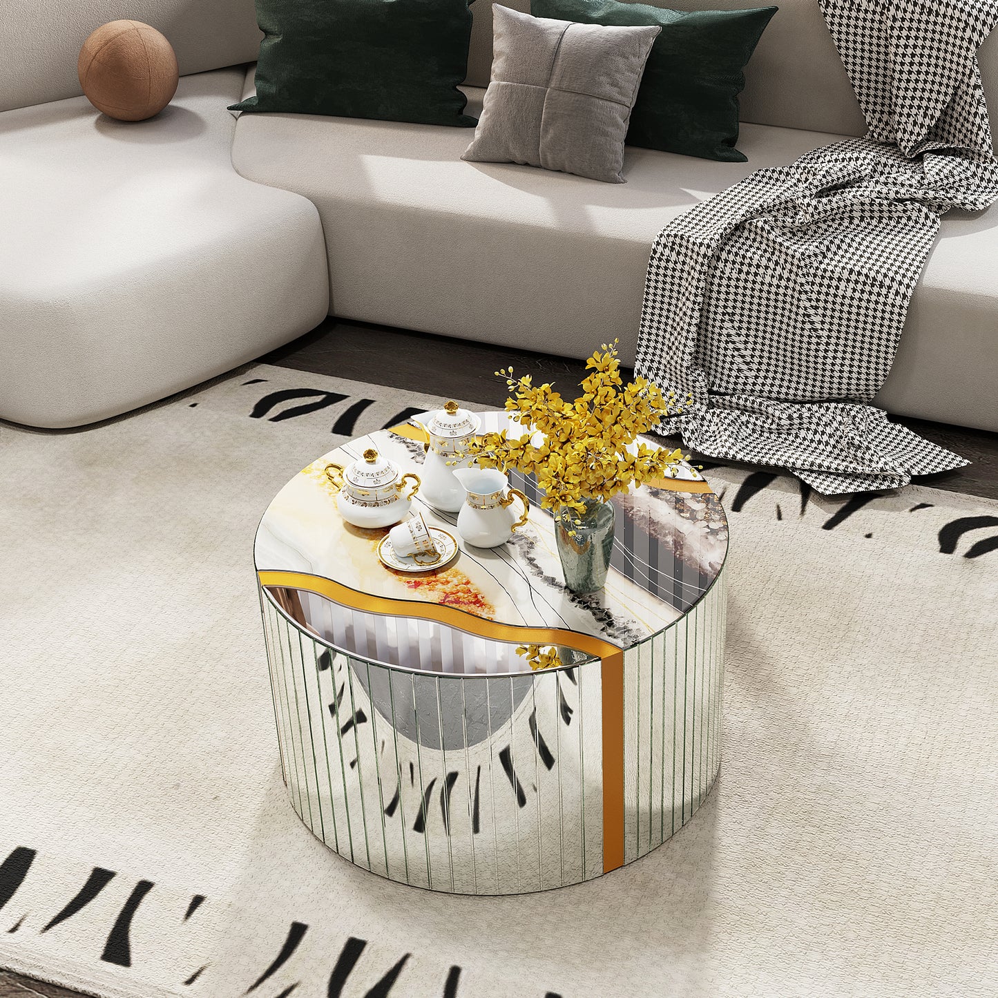 Round Mirrored Glass Coffee Table End Table Modern Living Room Accent