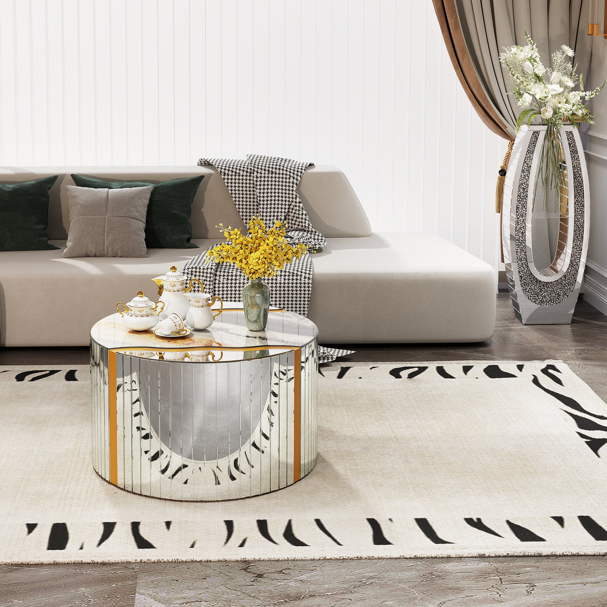 Round Mirrored Glass Coffee Table End Table Modern Living Room Accent