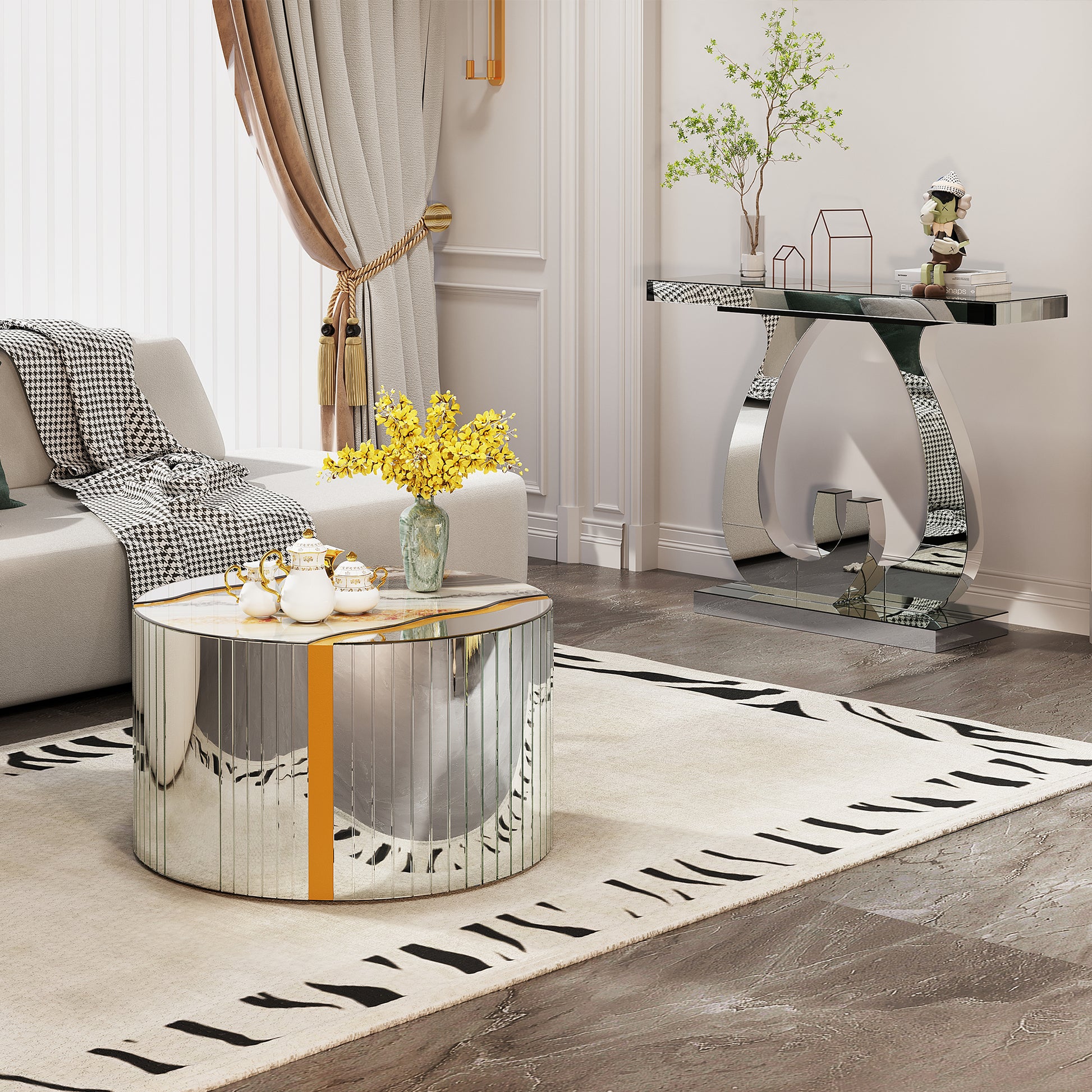 White Marble pattern sticker Round Coffee Table Cylindrical Silver Mirror with Gold Dust Finish Modern Home Decor Compact Center Table