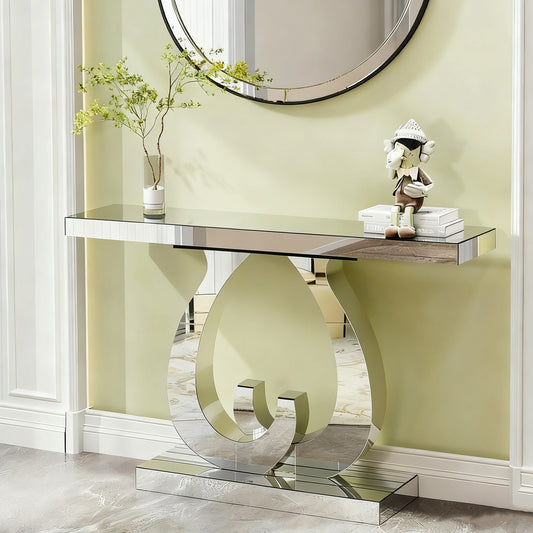Modern mirror side table glass sofa table with mirror effect entrance table double C-shaped base, rectangular decoration hall table suitable for living room corridor entrance (silver)