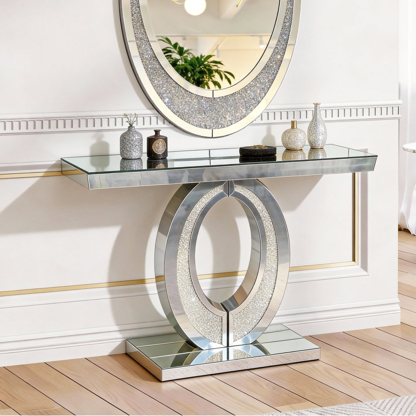 Mirrored Olive shape Console Table Large Elegant Mirrored Crushed Diamond Console Table for Hallway and Living Room