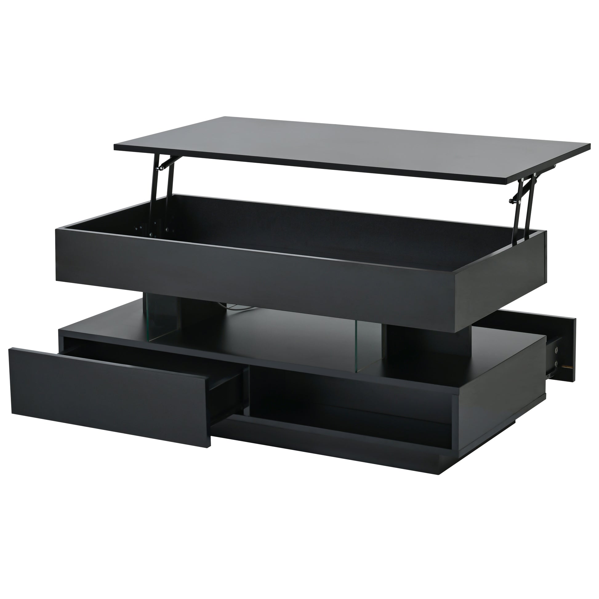 39.3" Lift Top Coffee Table - Black with Storage & LED Lights for Living Room