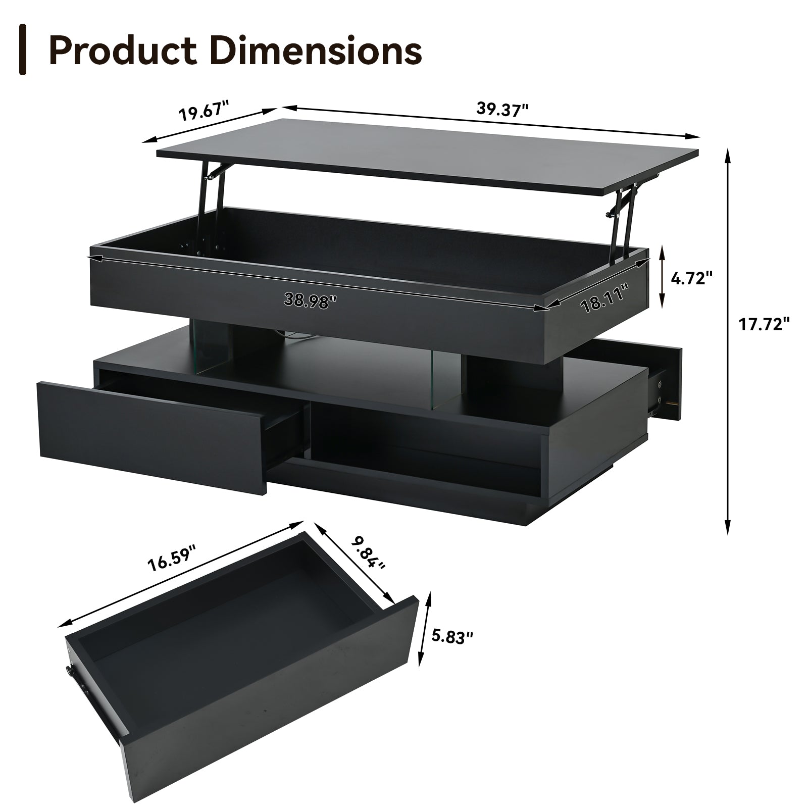 39.3" Lift Top Coffee Table - Black with Storage & LED Lights for Living Room