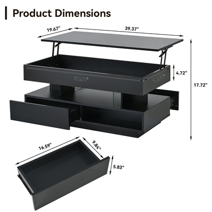 39.3" Lift Top Coffee Table - Black with Storage & LED Lights for Living Room