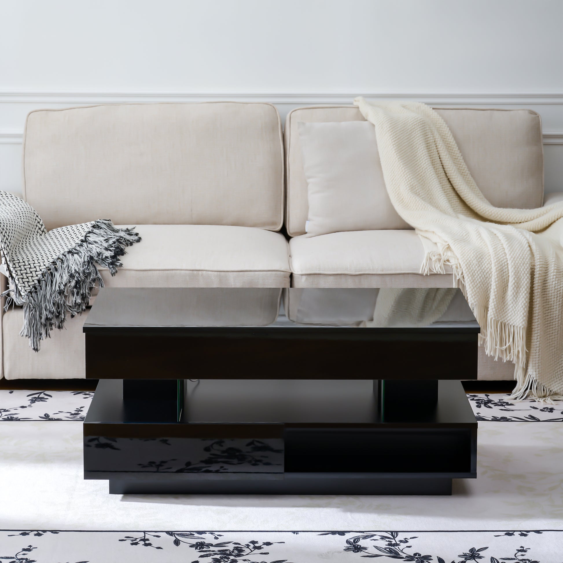 39.3" Lift Top Coffee Table - Black with Storage & LED Lights for Living Room
