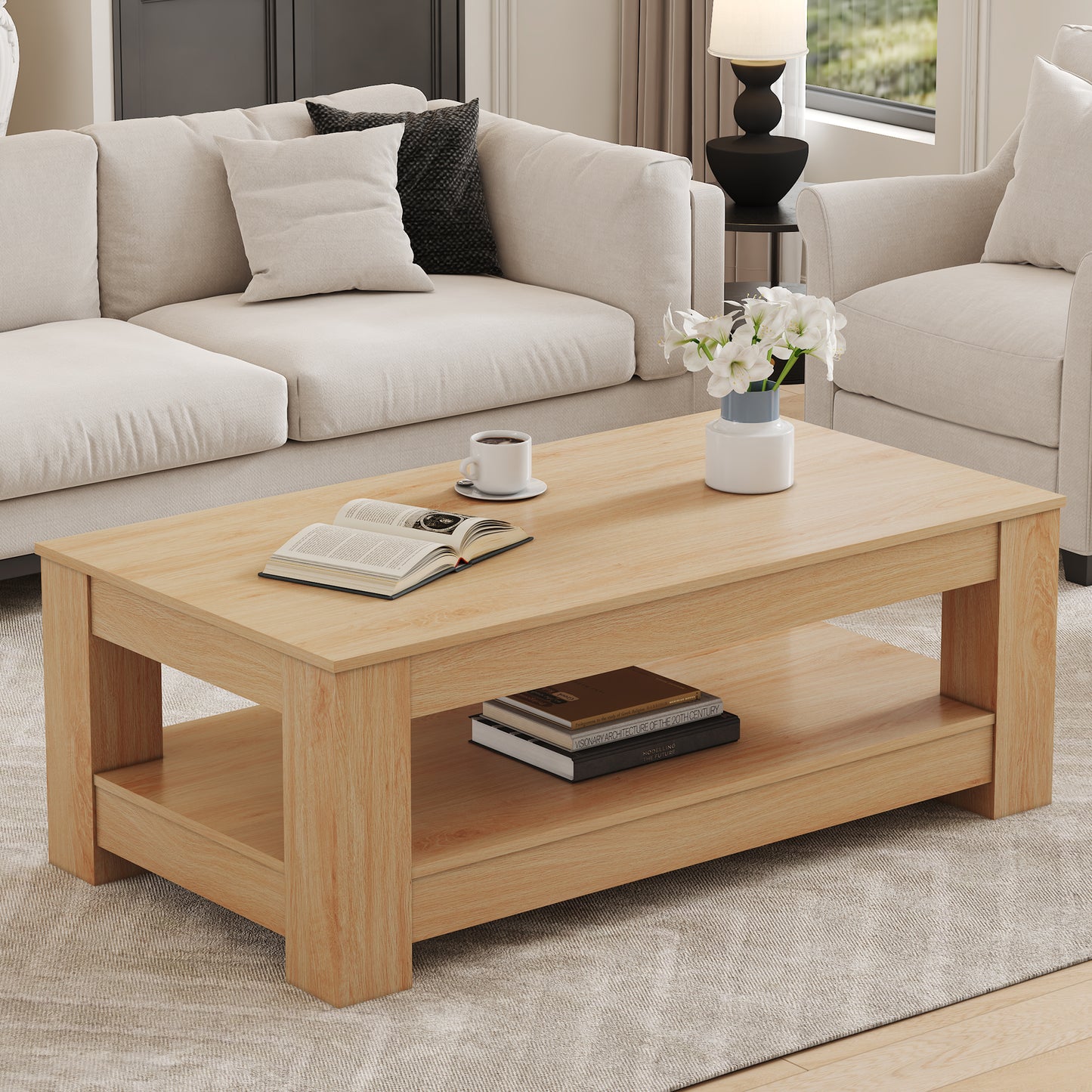 A modern and practical Natural Wood coffee table. The double layered coffee table is made of MDF material. Suitable for living room, bedroom, and study