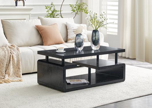 Three-Tier MDF Coffee Table with Black Wood Grain Finish, Modern Multi-Layer Storage Coffee Table Sturdy Frame for Living Room Office
