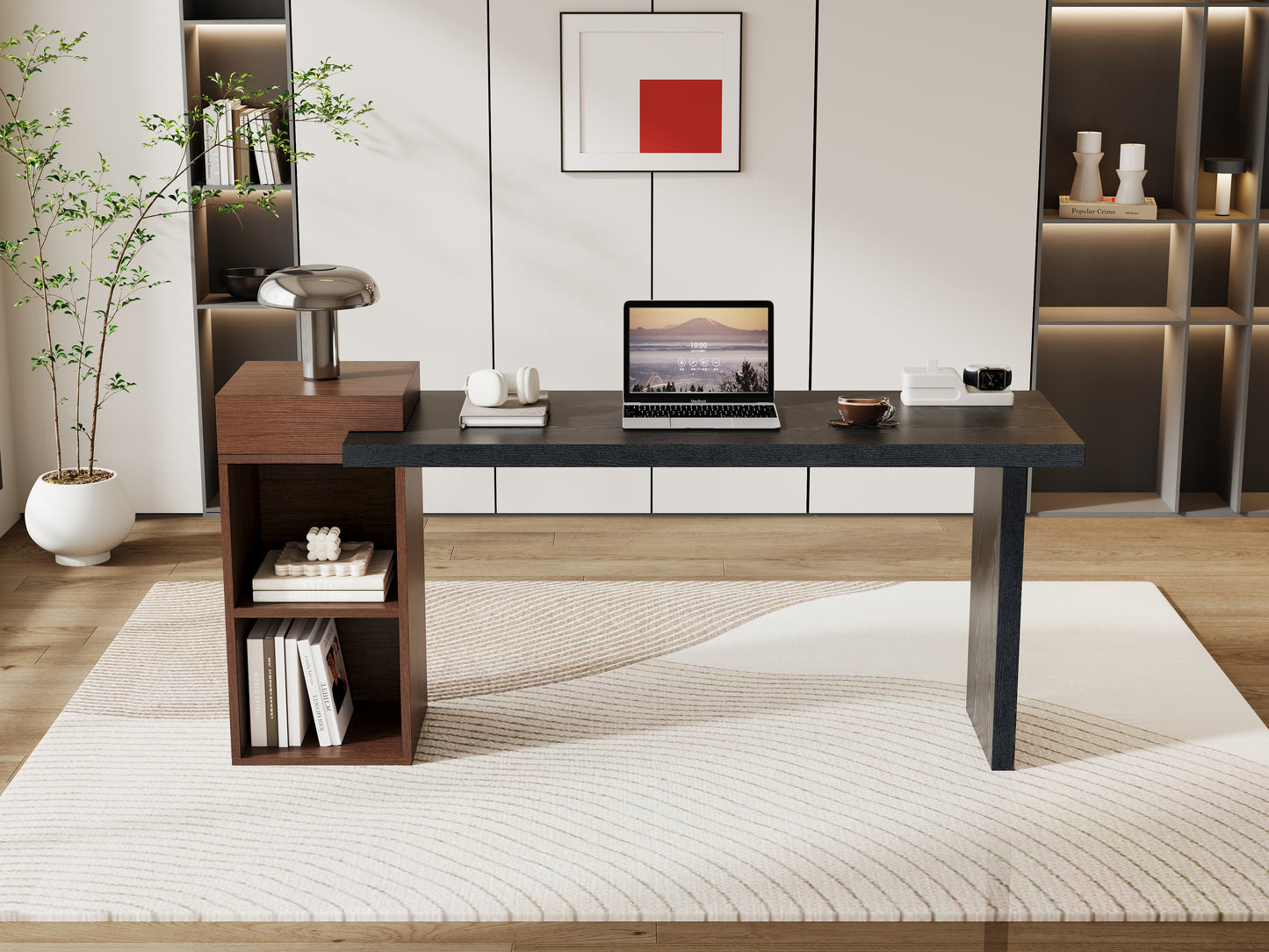 Modern Two-Tone Sofa Side Table - Black & Walnut MDF Storage Console for Living Room