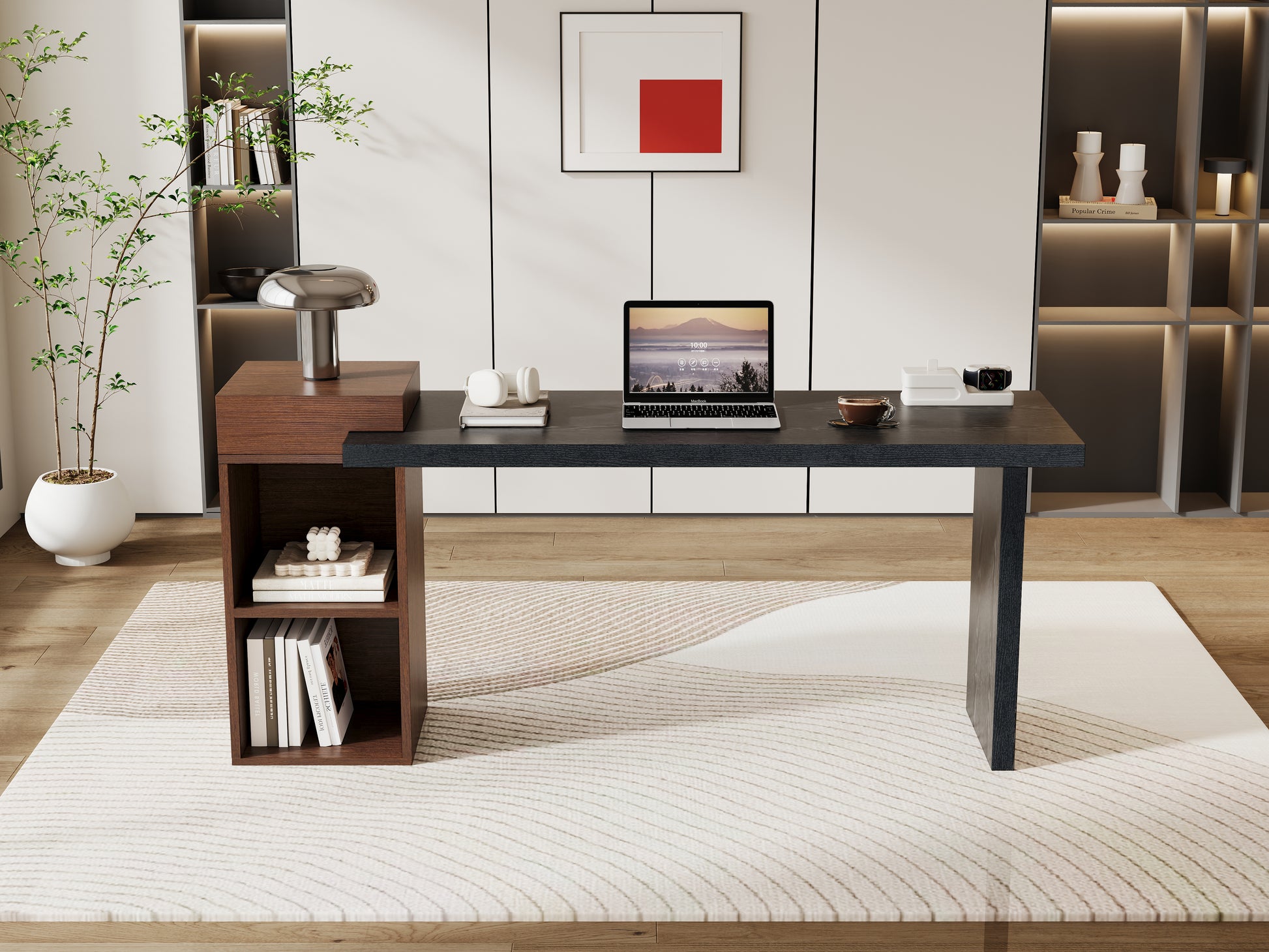Modern Two-Tone Sofa Side Table - Black & Walnut MDF Storage Console for Living Room