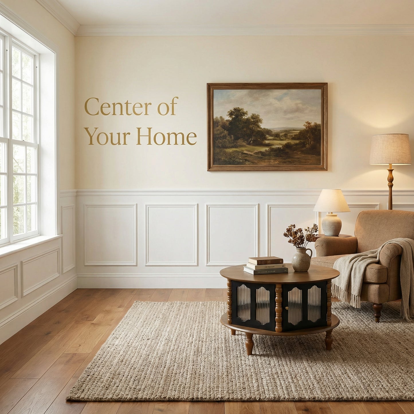 31.5" Round Brown Black Coffee Table with Storage Doors for Living Room