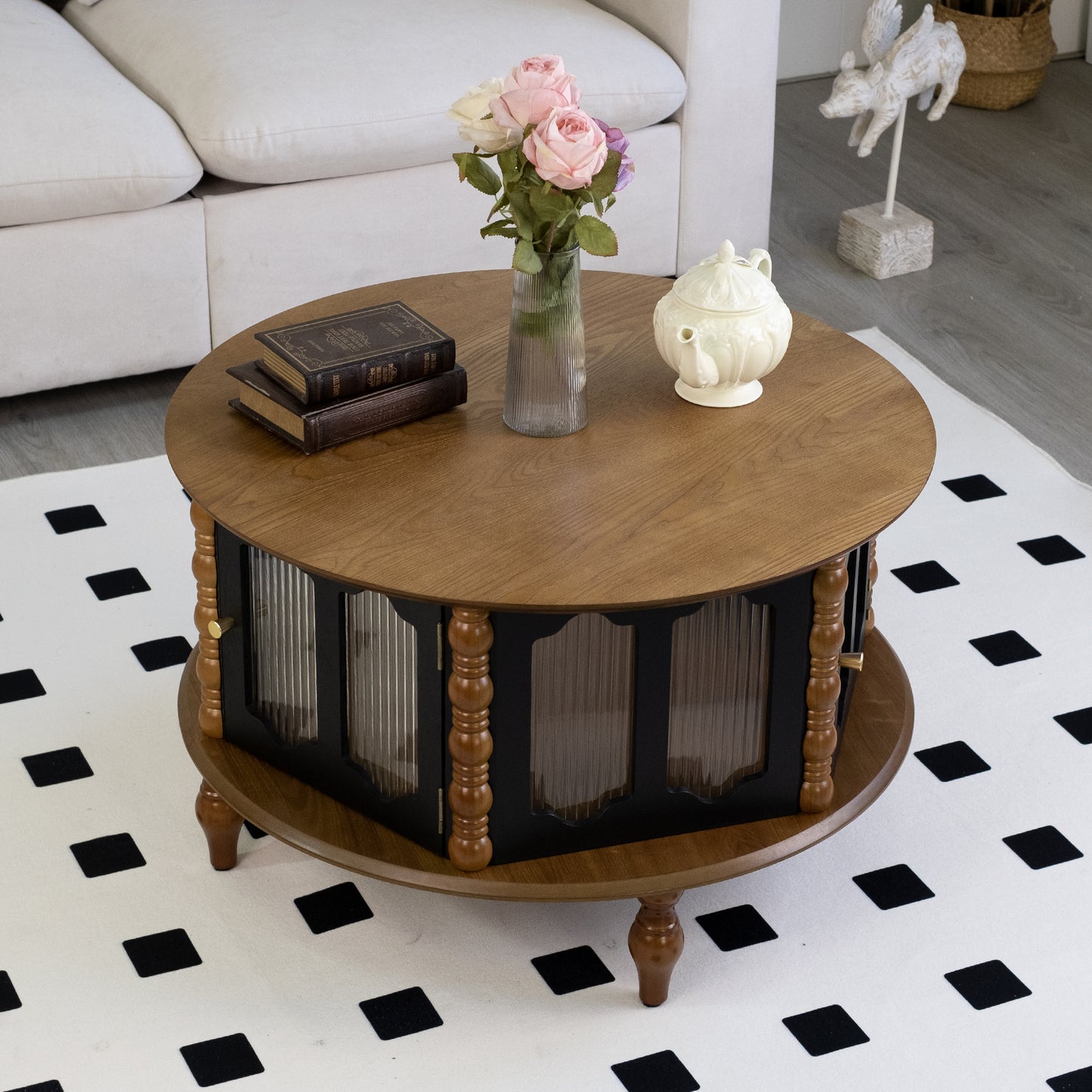 31.5" Round Brown Black Coffee Table with Storage Doors for Living Room