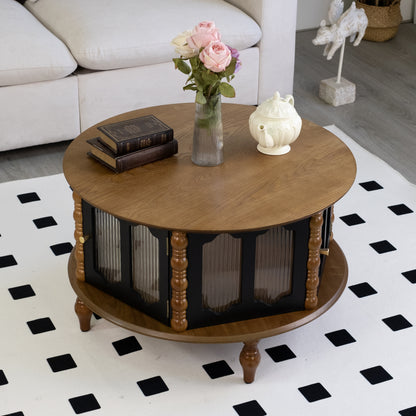 31.5" Round Brown Black Coffee Table with Storage Doors for Living Room