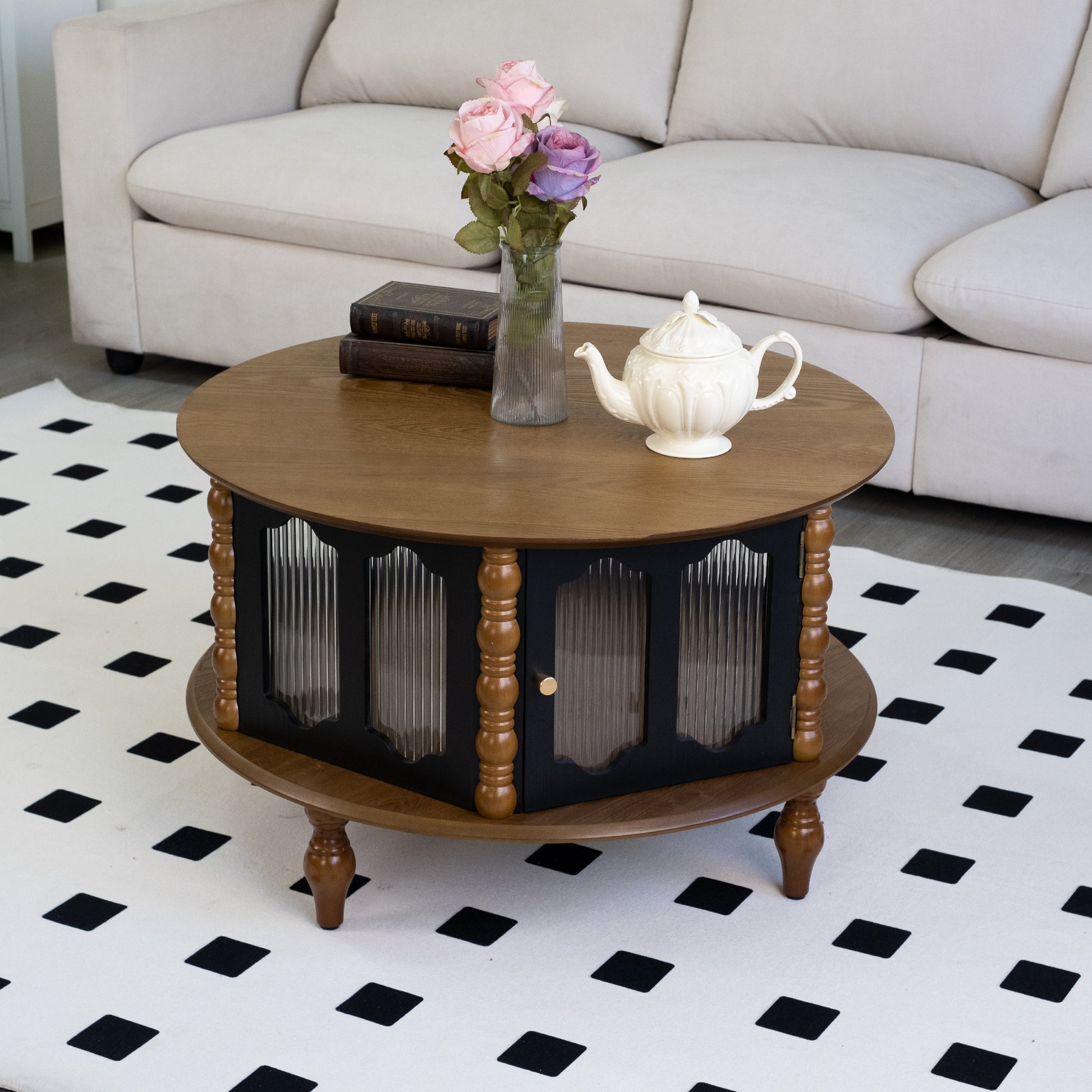 31.5" Round Brown Black Coffee Table with Storage Doors for Living Room