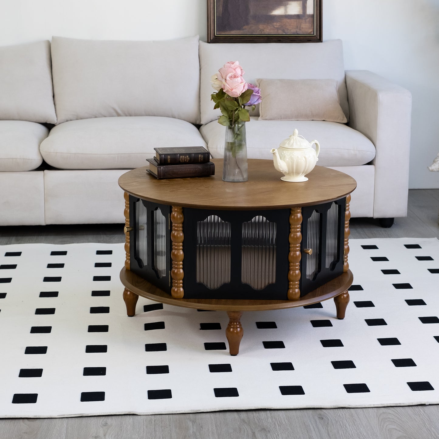 31.5" Round Brown Black Coffee Table with Storage Doors for Living Room
