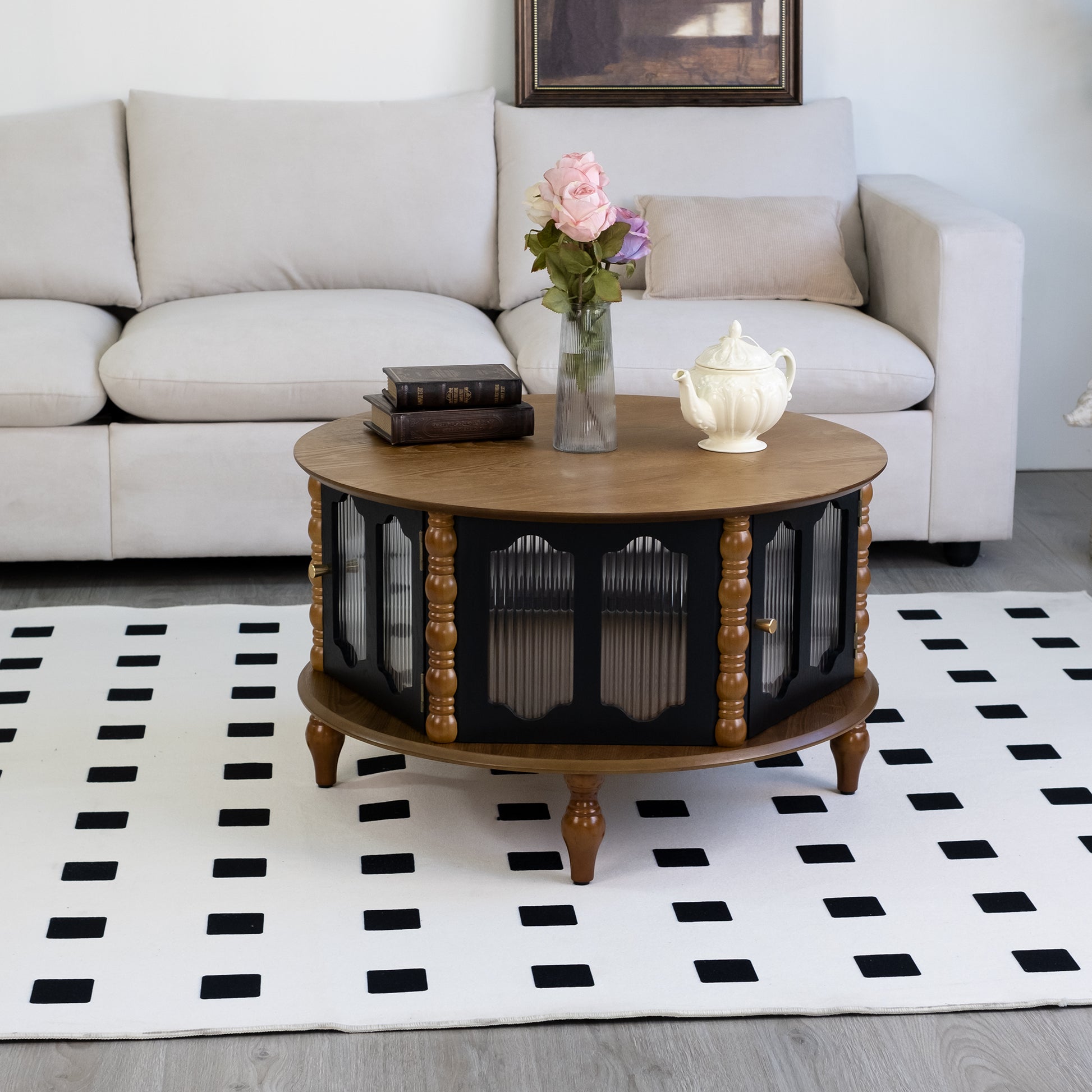 31.5" Round Brown Black Coffee Table with Storage Doors for Living Room